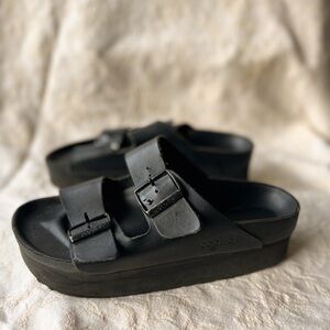 BIRKENSTOCK Papillio Platform Black Leather Arizona Sandals Size 38